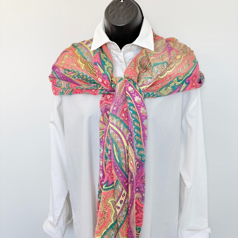 Vintage Scarf Paisley Print Multi Color Eyelash Fringe One Size Pink Orange